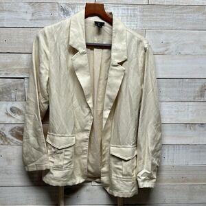 Tahari Linen Blend Blazer Jacket Womens‎ Large Beige Long Sleeve Belted Open